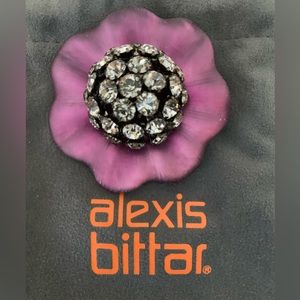 Alexis Bittar purple lucite flower pin with rhinestone domed center